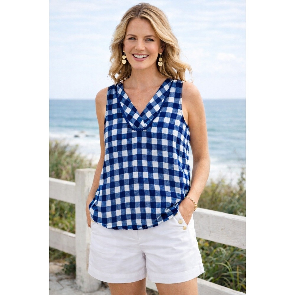 Talbots Women's Linen Tank Top Medium Petite Blue Buffalo Check Plaid Sleeveless